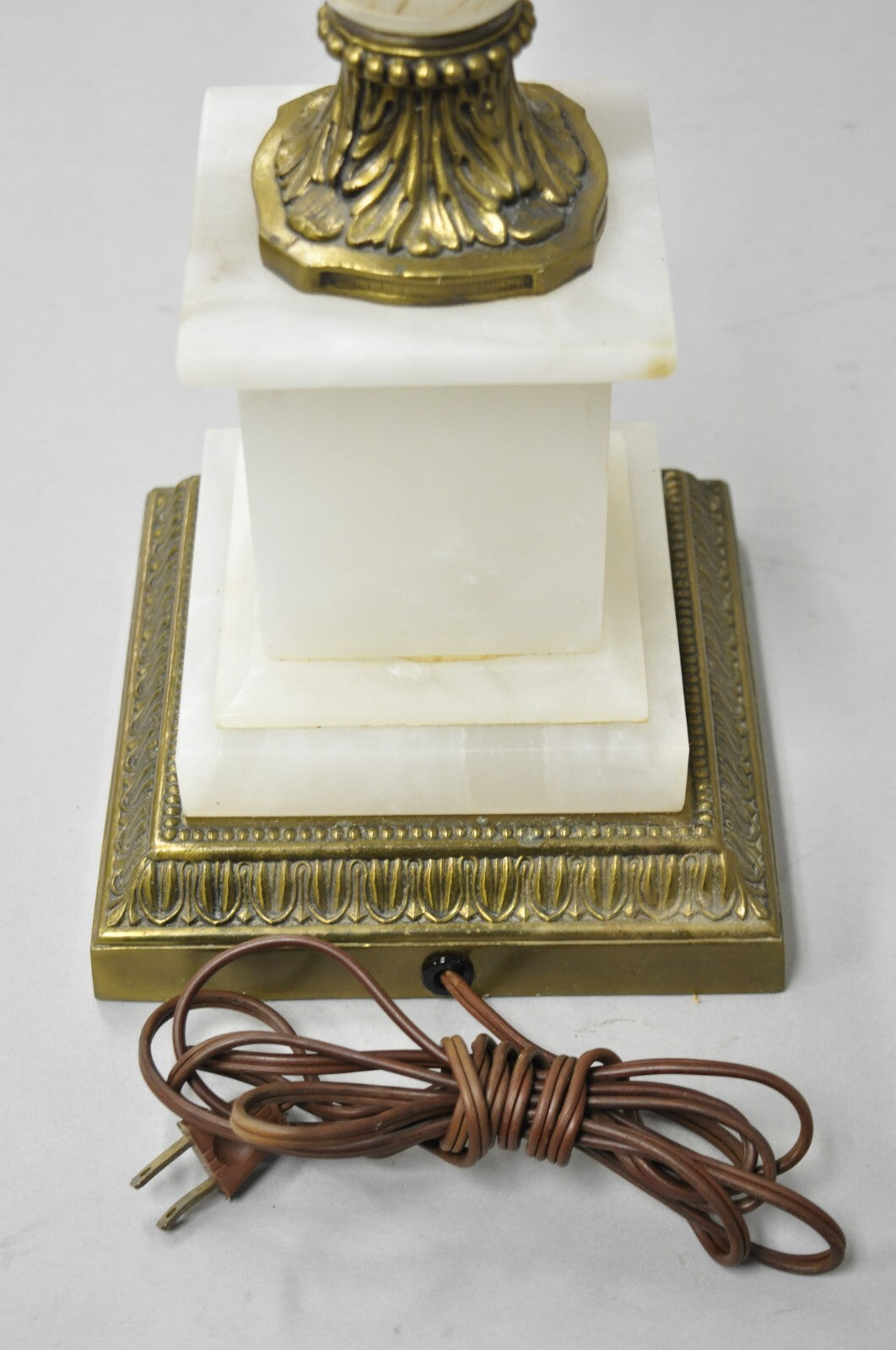 Vintage French Empire Alabaster Column Brass Metal Candelabra Table Lamps - Pair