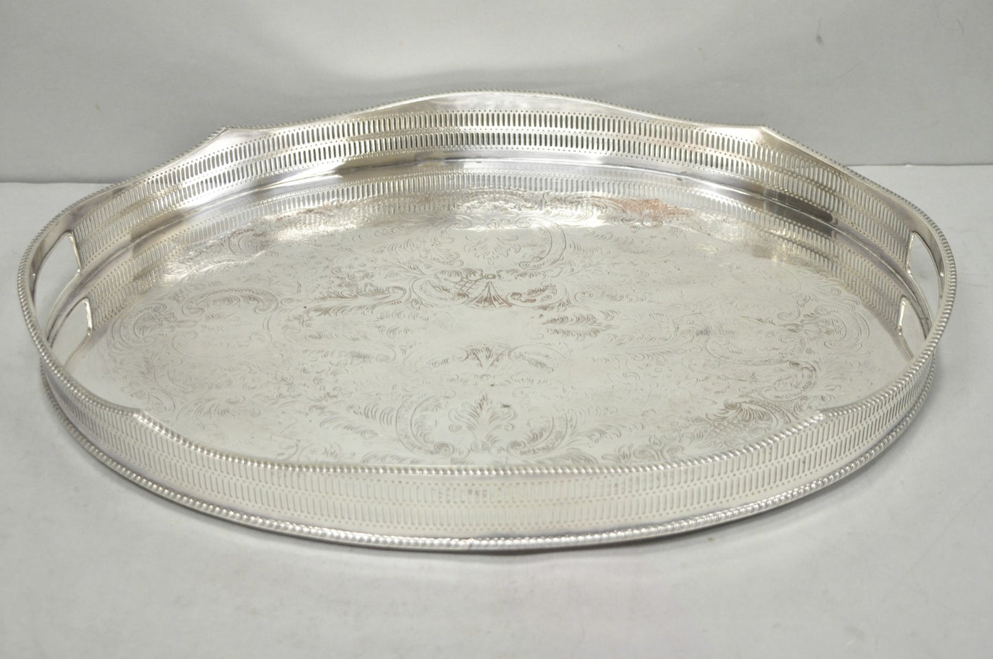 Vintage English Edwardian Silver Plated Oval Scalloped Gallery Bar Platter Tray