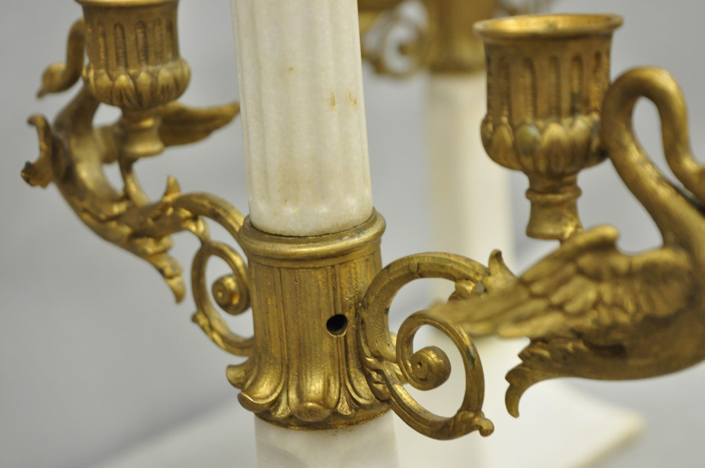 Antique French Neoclassical Bronze Swans Cherub Marble Column Candelabras - Pair
