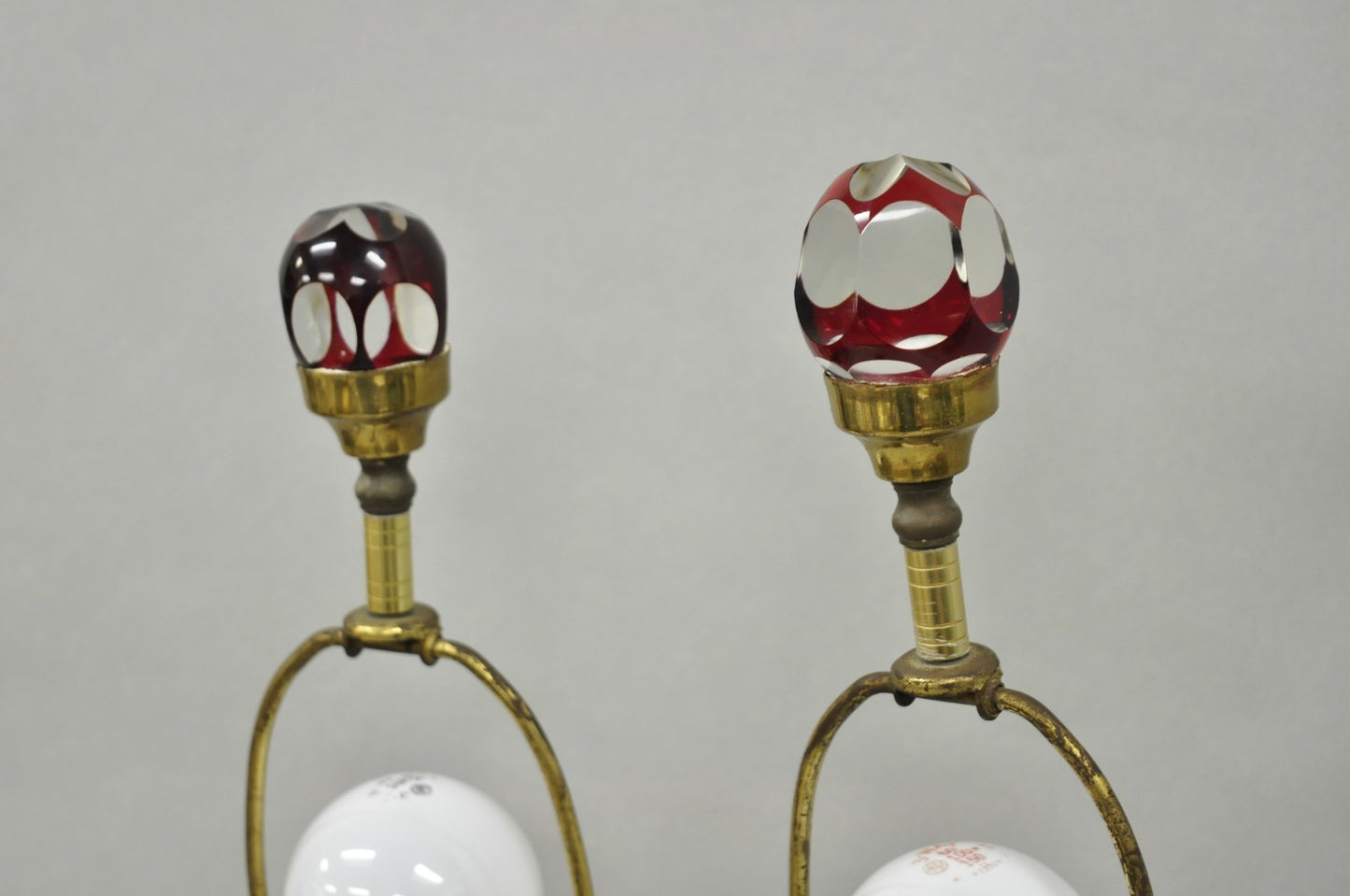 Antique Bohemian Cranberry Ruby Red Cut to Clear Glass Table Lamps - a Pair