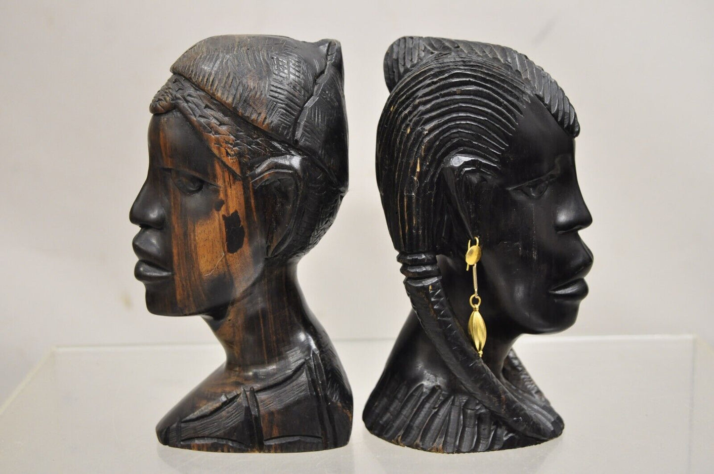 Vintage African Carved Ebony Wood 7" Male and Female Bust Statue Sculpture