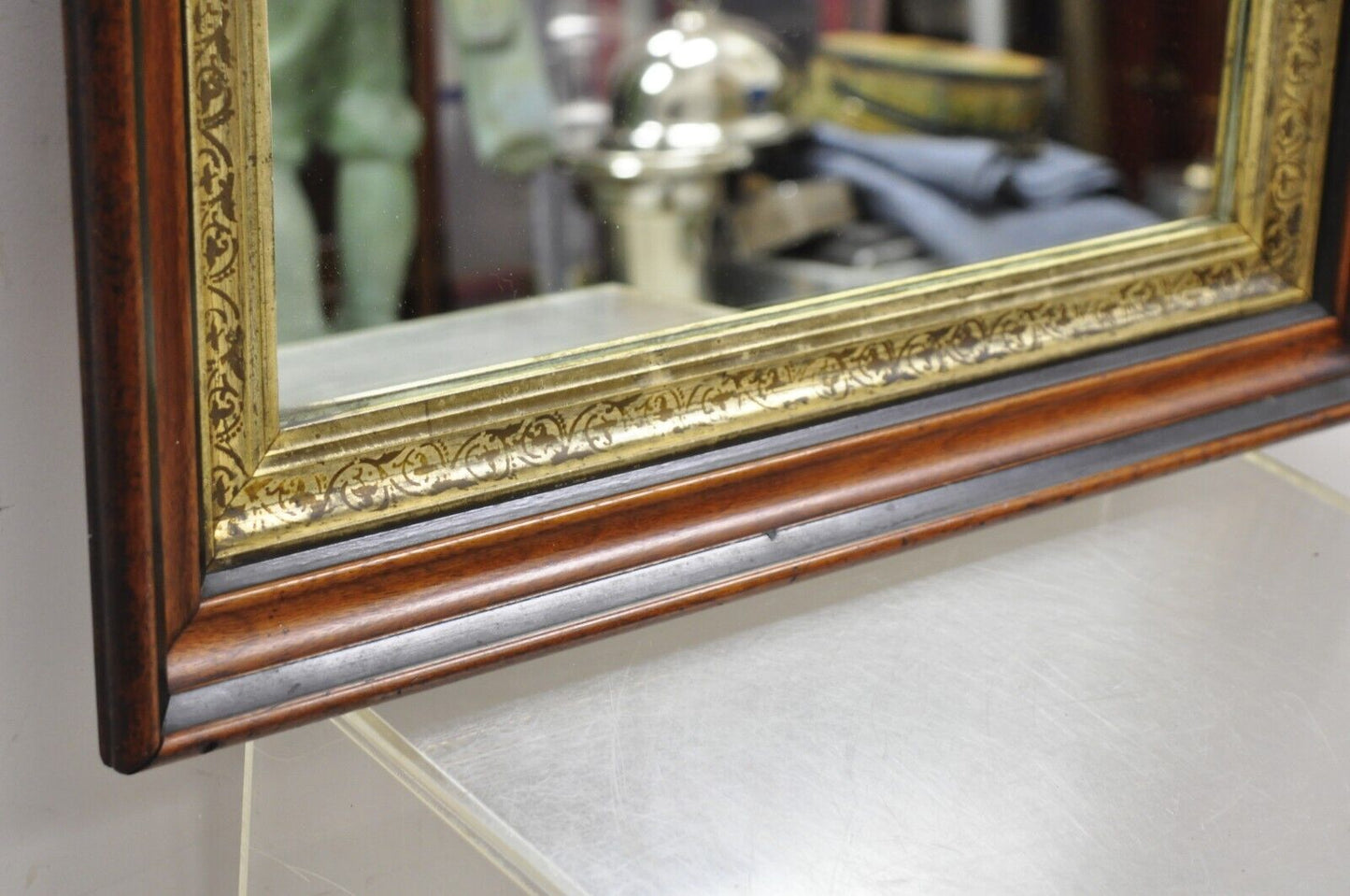 Antique Victorian Aesthetic Deep Shadow Box Mahogany Frame Wall Mirror 24 x 22.5