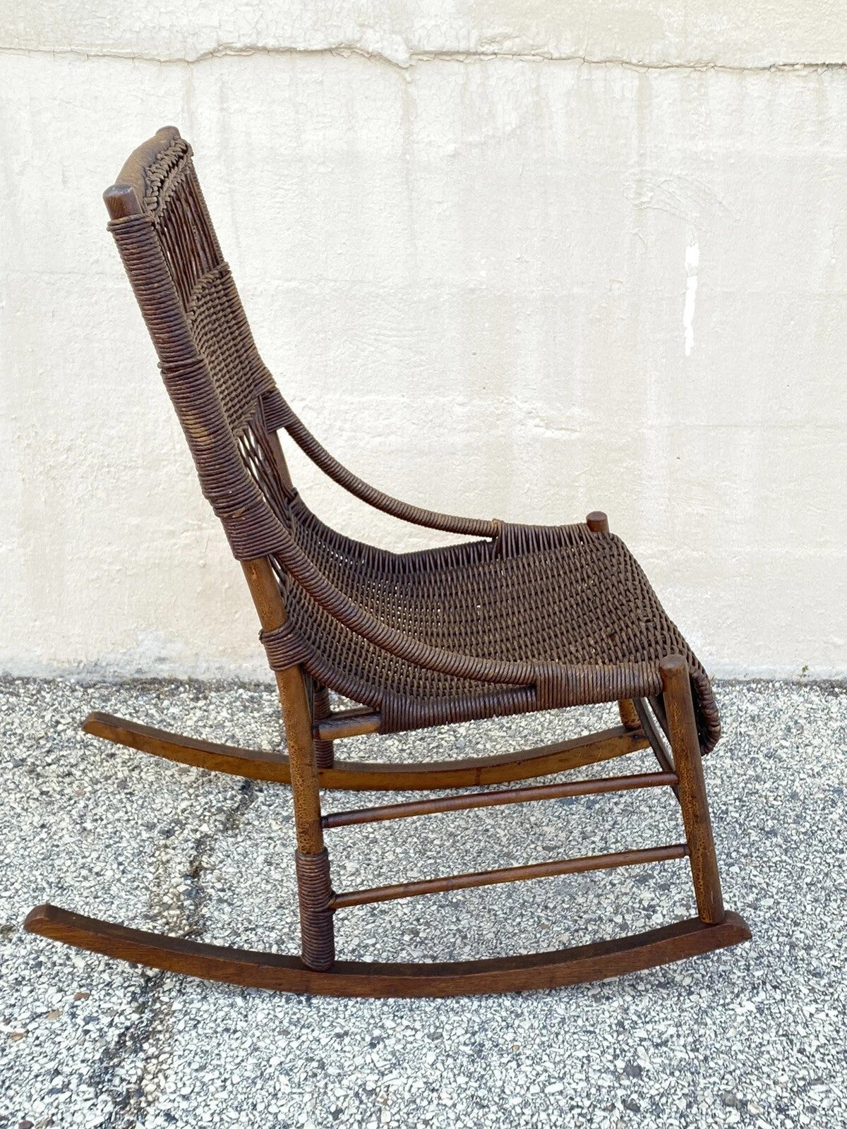 Antique Victorian Wicker and Rattan Wooden Small Rocking Chair Rocker