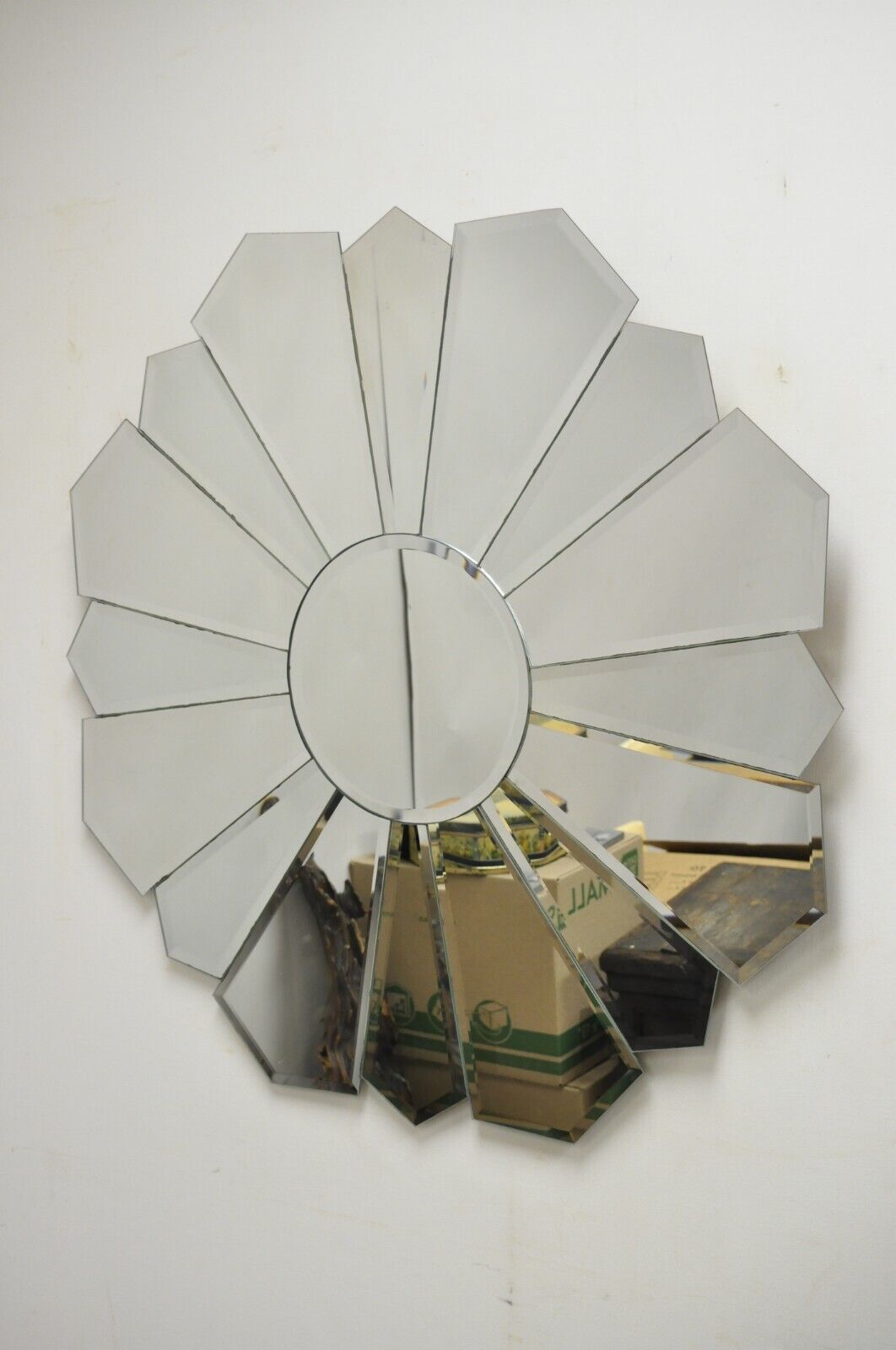 Vintage Hollywood Regency Beveled Glass Sunburst Flower Petal Wall Mirror