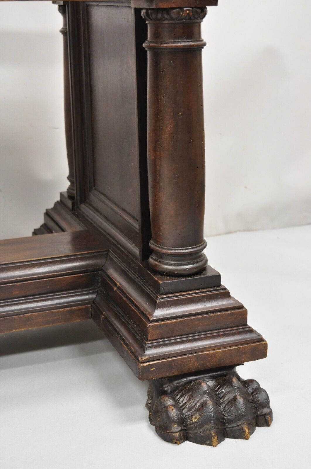 Antique Italian Renaissance Carved Walnut Hairy Paw Foot Desk Console Table Base