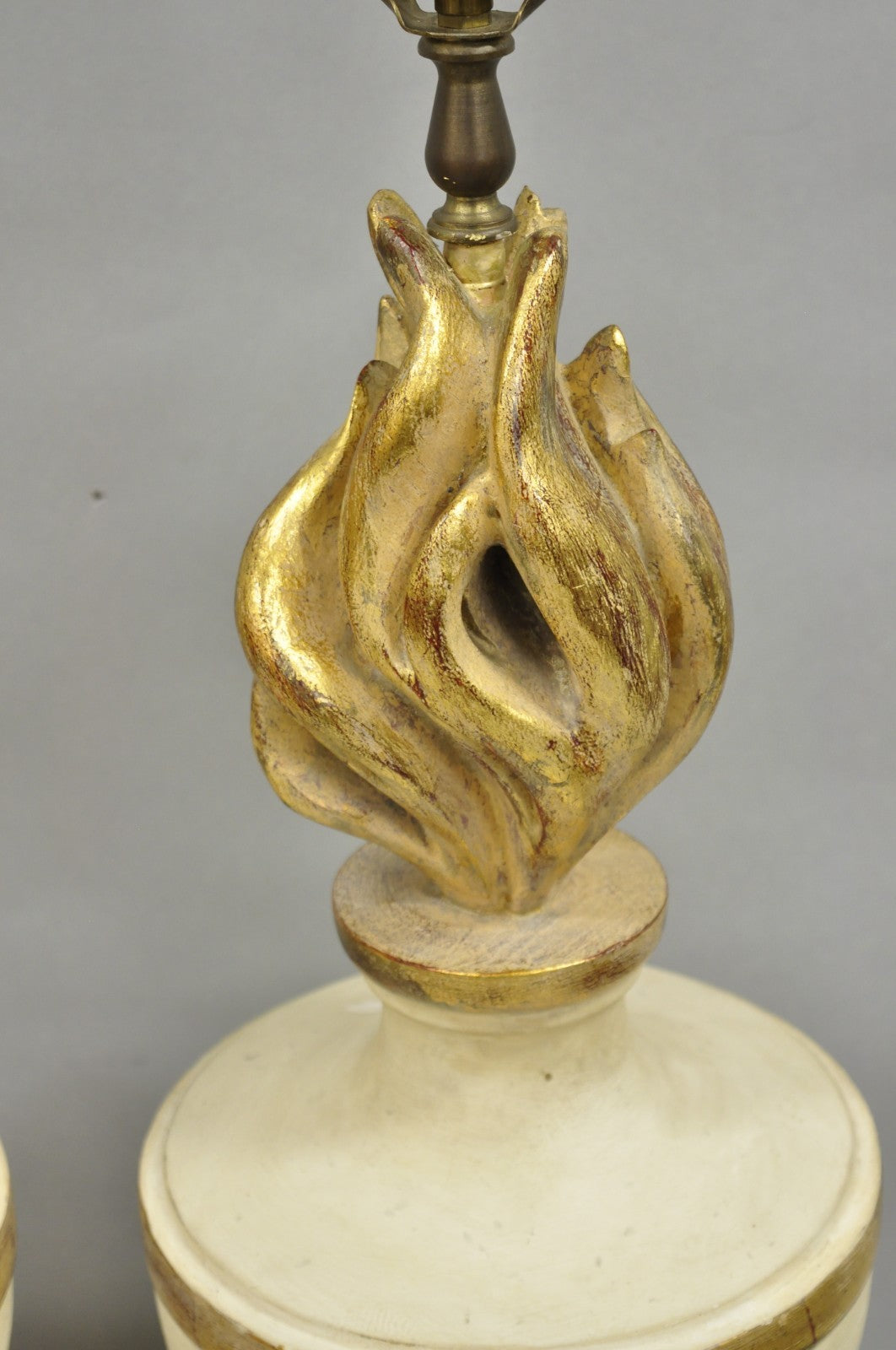 Vintage Italian Hollywood Regency Carved Wood "Burning Flame" Table Lamps - Pair