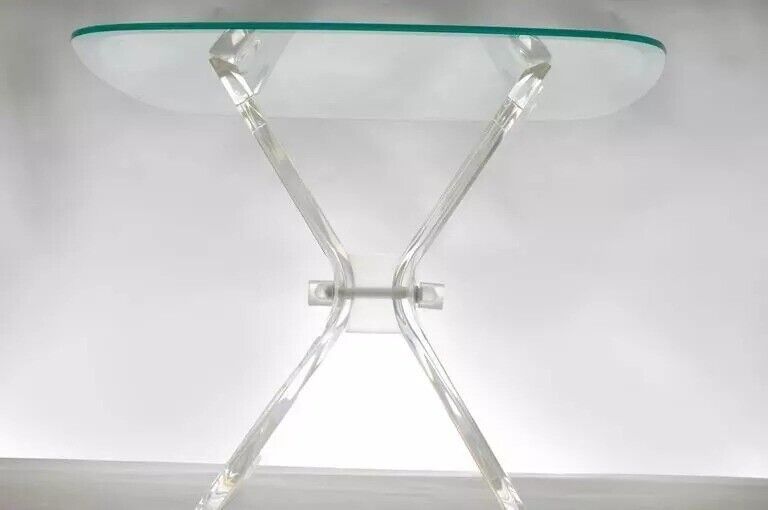 Mid Century Modern Lucite Butterfly Glass Top Side Table after Lion in Frost
