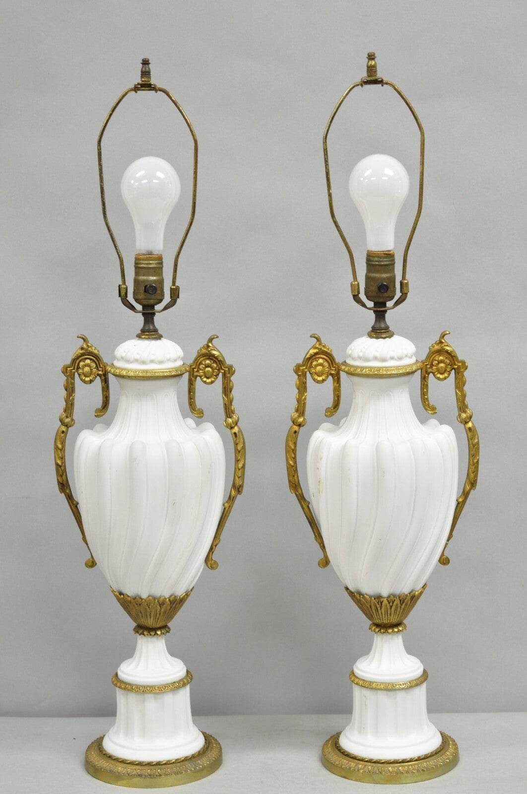 Antique French Louis XVI Style Gilt Bronze Porcelain Urn Table Lamps - a Pair