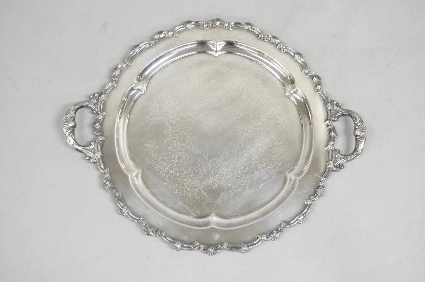 Vintage English Victorian Silver Plated Round Serving Platter Bar Tray w Handles