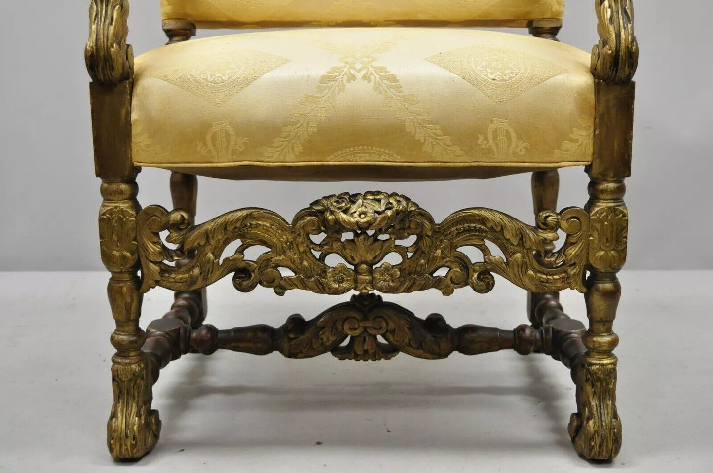 Antique Italian Renaissance Carved Walnut Jacobean Gold Upholstered Arm Chair