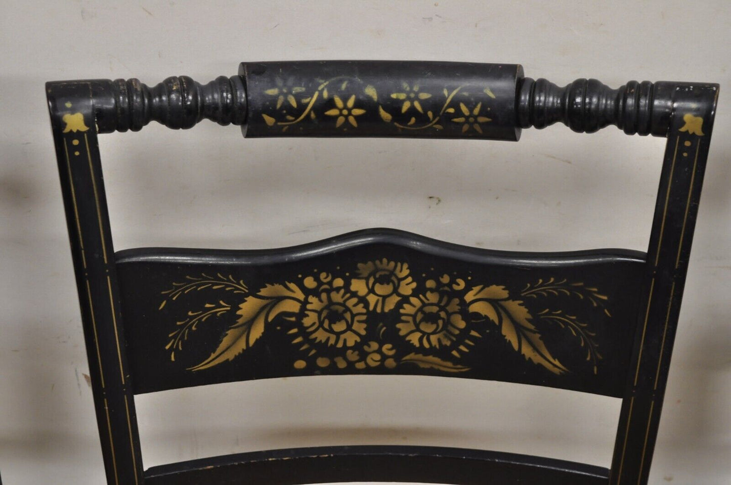 Antique Hitchcock Style Black Lacquer Stencil Rush Seat Dining Chairs - Set of 4
