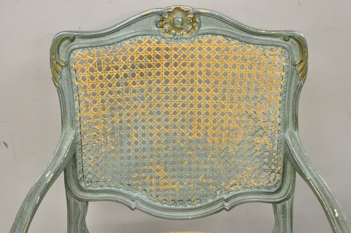Pair Vintage French Louis XV Style Blue Painted Cane Back Fauteuil Arm Chairs