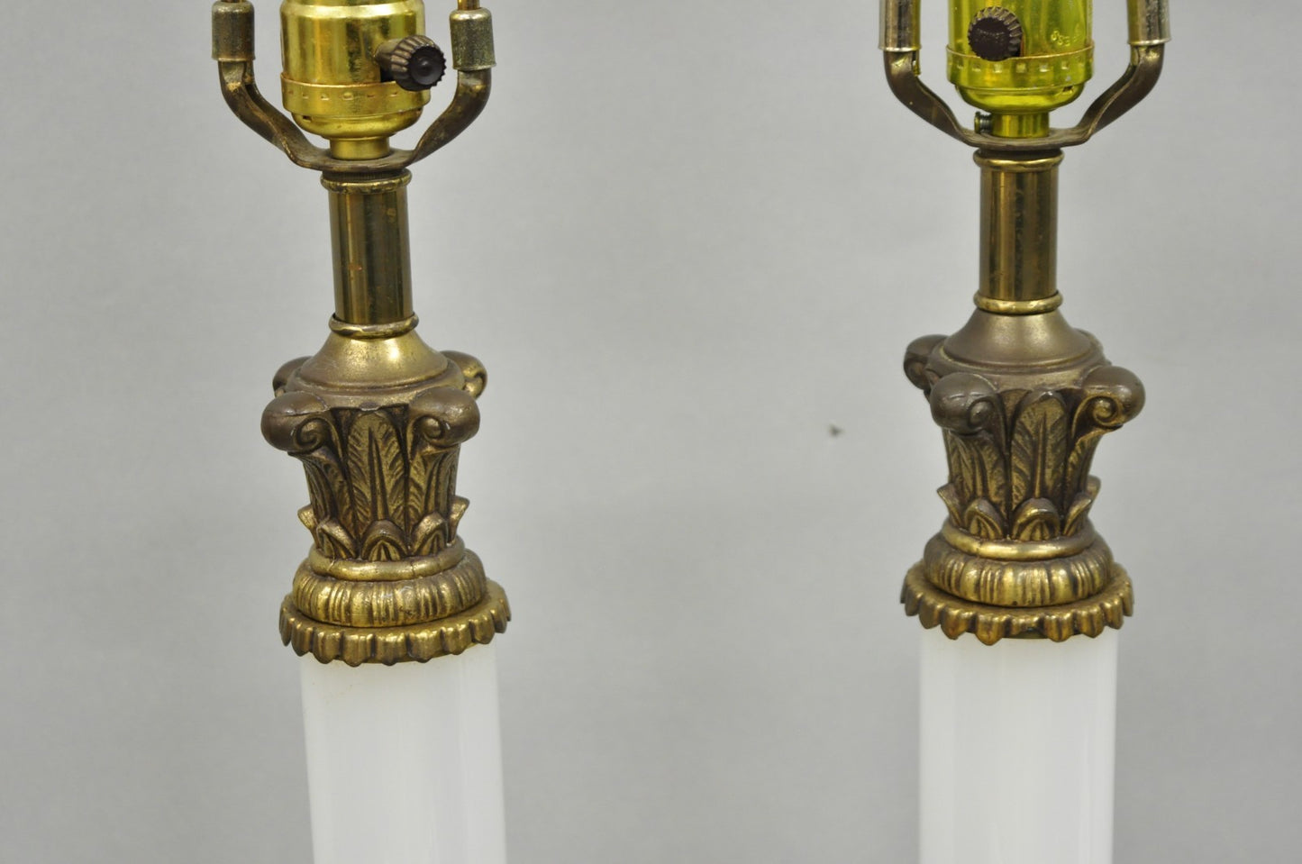 Vintage French Empire Neoclassical White Milk Glass Column Table Lamps - a Pair
