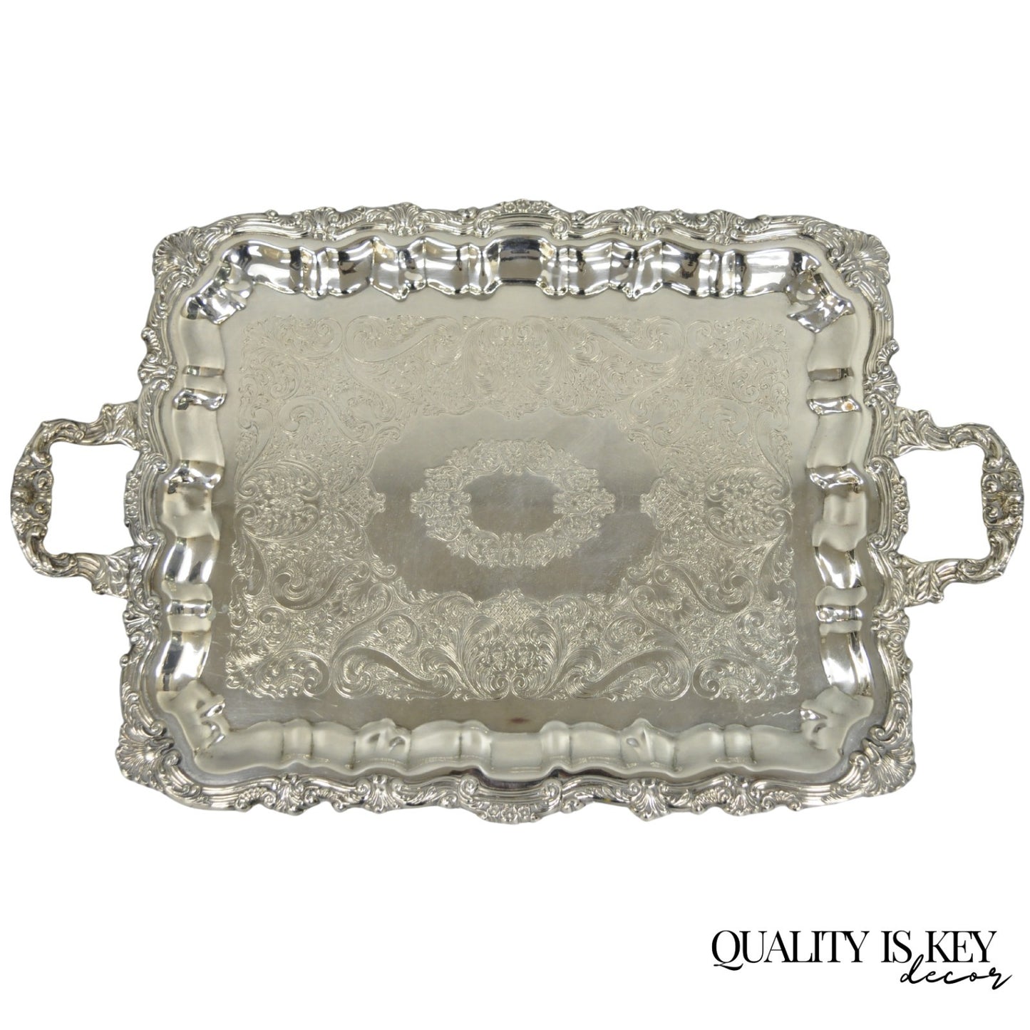 Vintage Victorian Silver Plated Rectangular Twin Handle Footed Bar Serving Tray