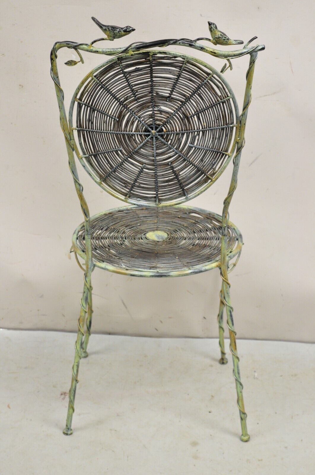 French Country Style Iron and Wood Reed Green Bistro Side Chair with Birds