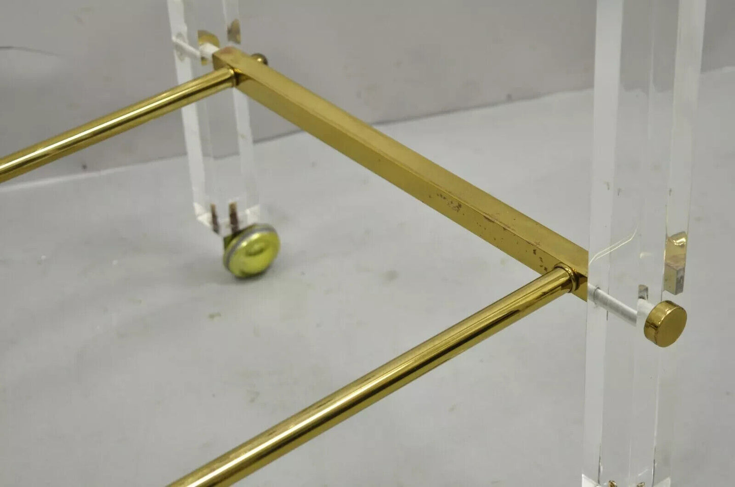 Vintage Mid Century Modern Lucite & Brass Rolling Bar Cart Tall Side Table