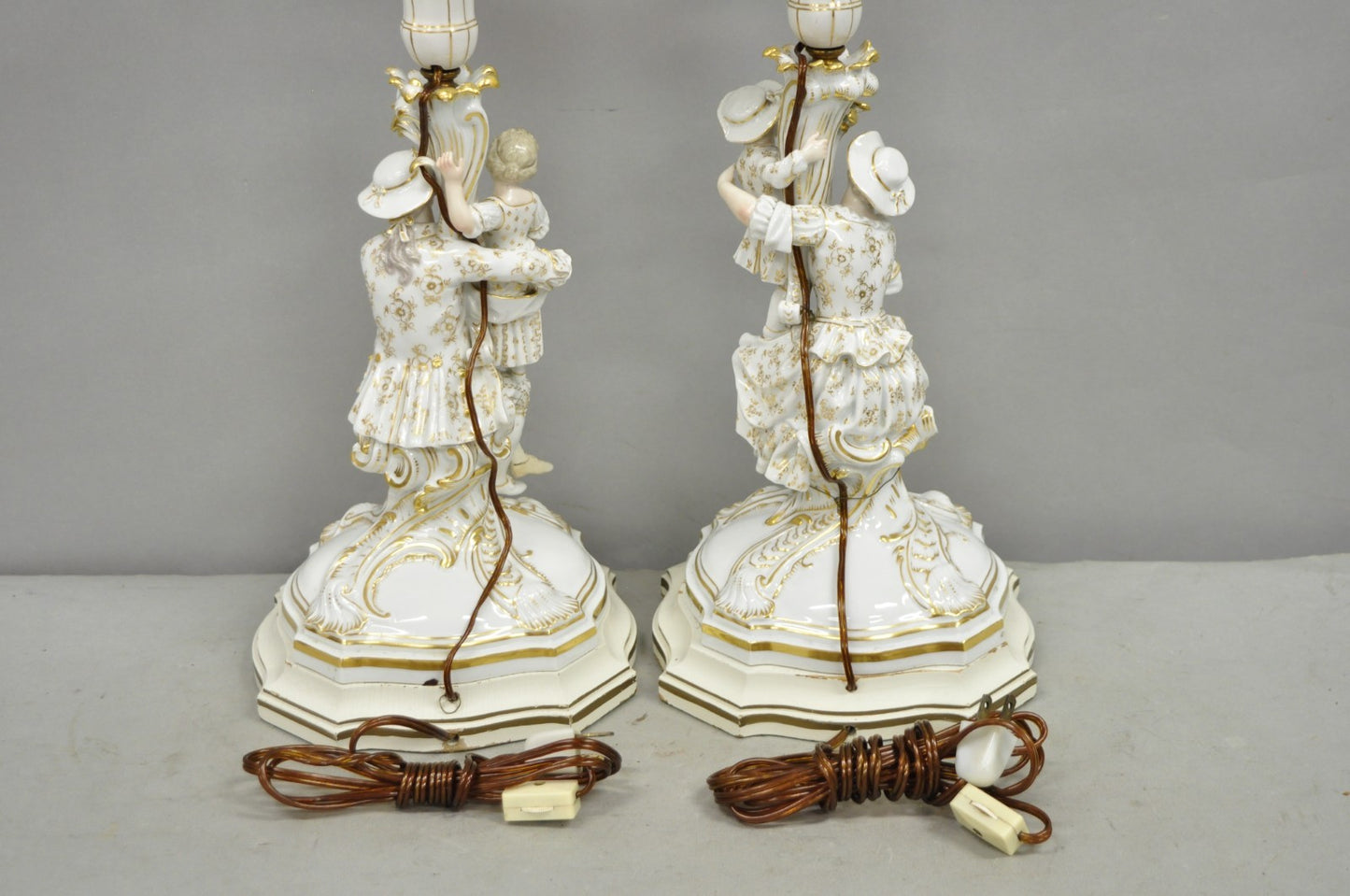 Antique Meissen Porcelain German Figural Lighted Candlestick Table Lamps - Pair