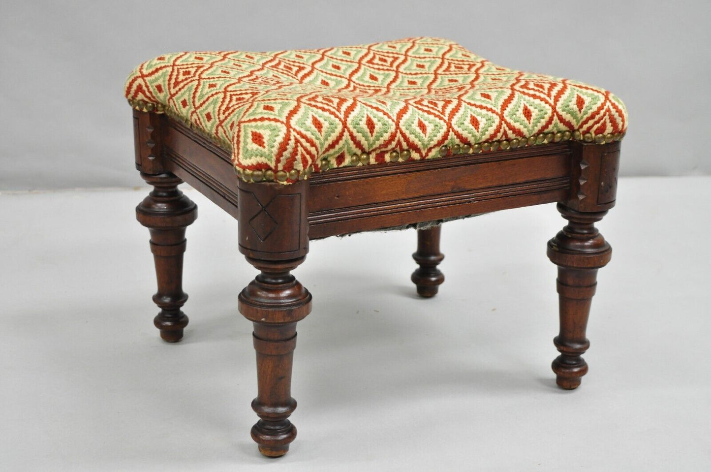 Antique Eastlake Victorian Shapely Footstool Ottoman with Turn Carved Legs