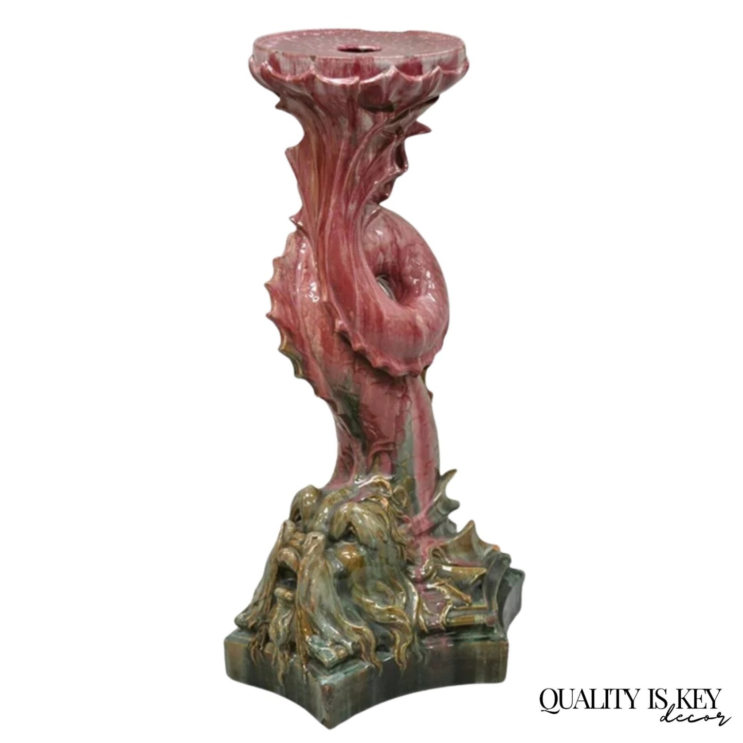 Antique Majolica Terracotta Pottery Dolphin Serpent Pink Plant Stand Pedestal