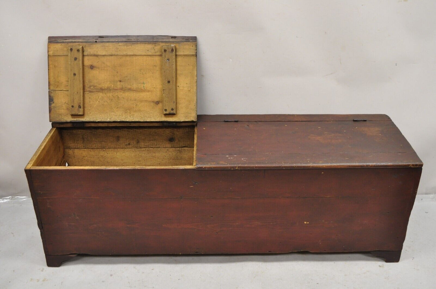 Antique Large 64" Double Storage Pine Wood Primitive Country Blanket Chest Trunk