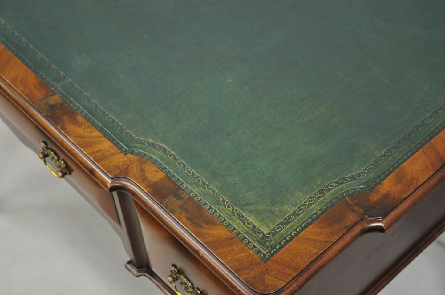 Antique English Georgian Crotch Mahogany Green Leather Top Small Writing Desk