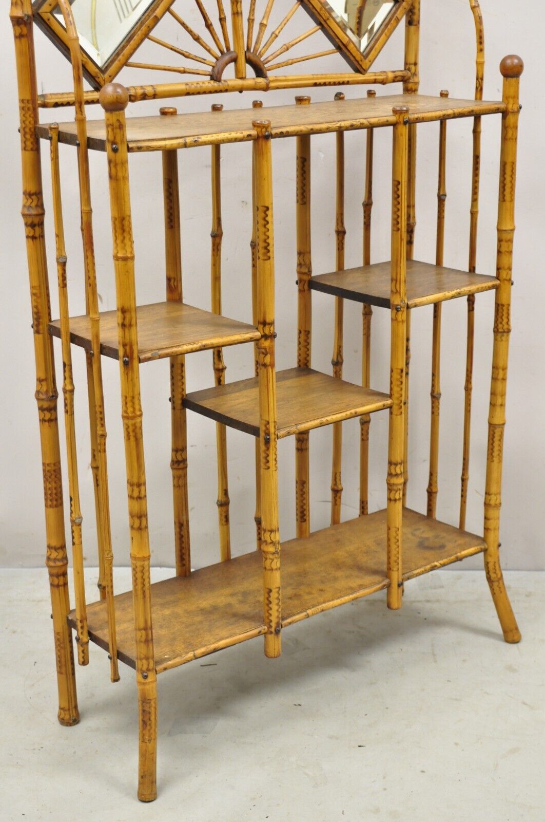19th C English Victorian Bamboo Stick and Ball Curio Shelf Etagere w/ Mirror