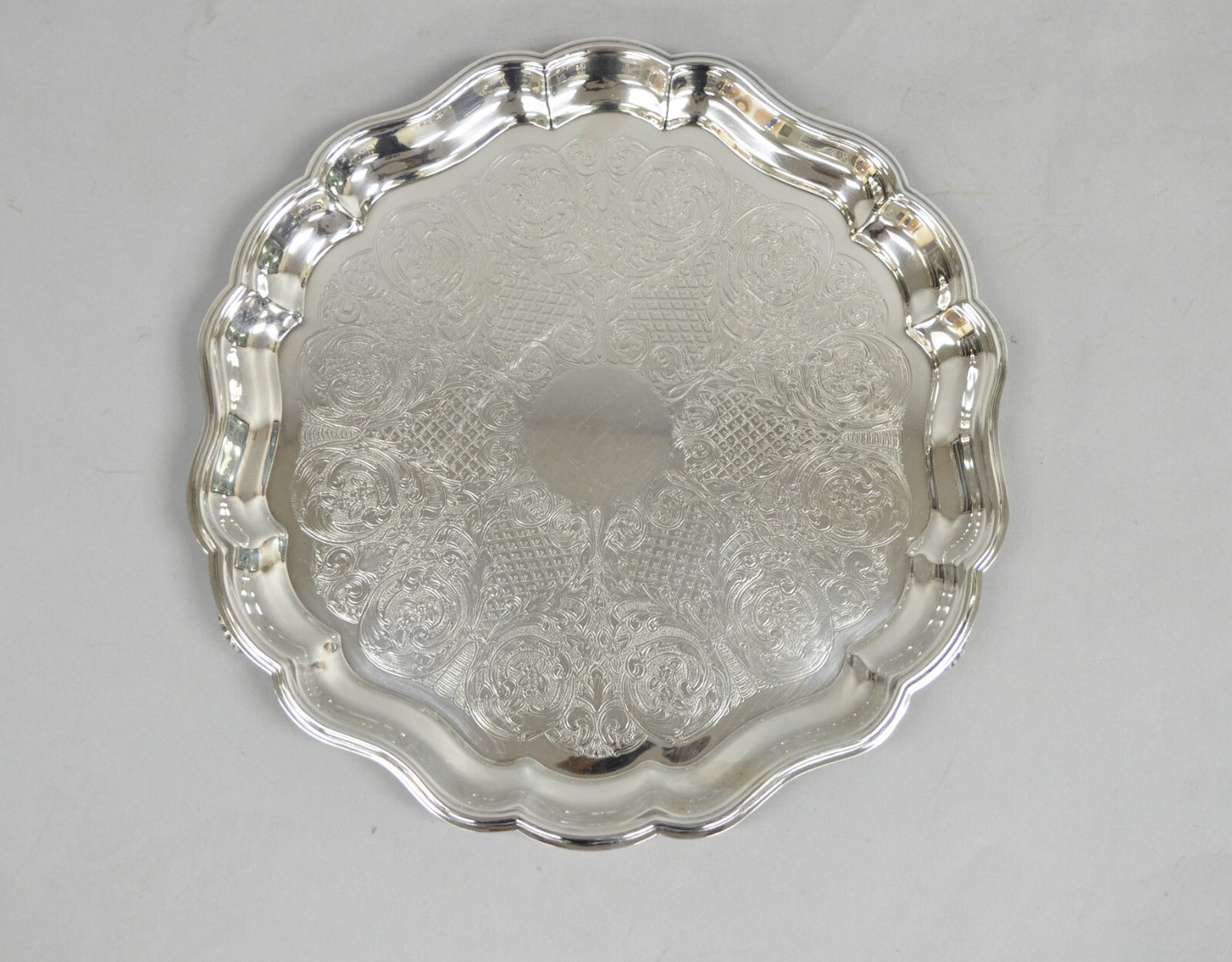 Vintage Sheridan Victorian Silver Plated Footed Round Serving Platter Bar Tray