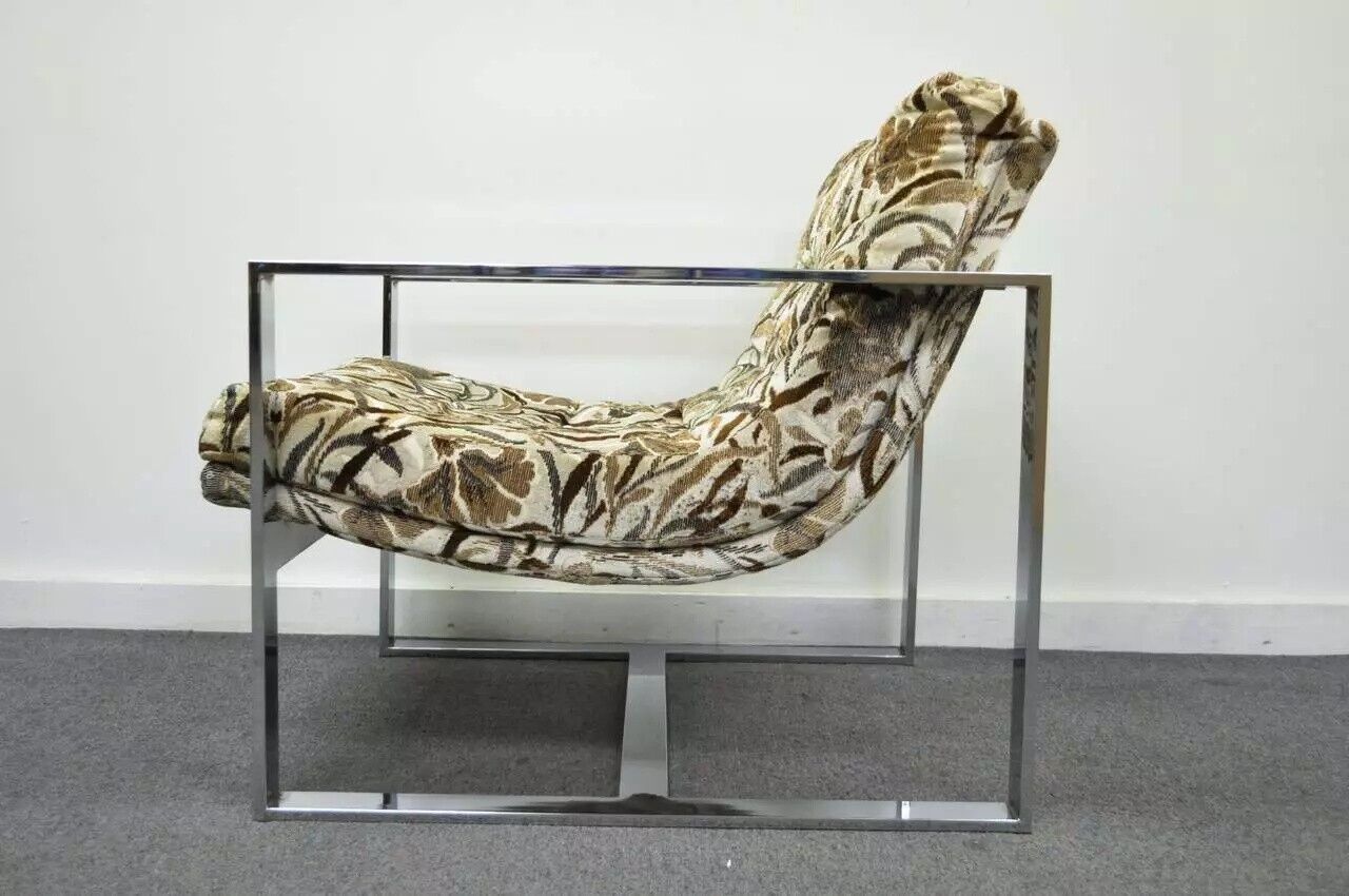 Vintage Mid Century Modern Milo Baughman Style Chrome Flat Bar Lounge Arm Chair