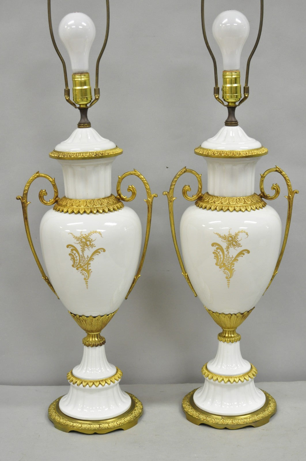 Antique French Louis XV Hand-Painted Porcelain Urn Bronze Table Lamps - a Pair