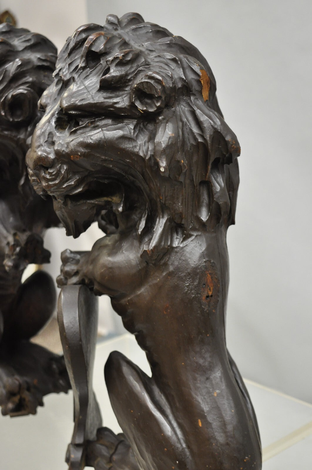 Antique Renaissance Revival Carved Oak Wood 20" Lion Architectural Elements Pair