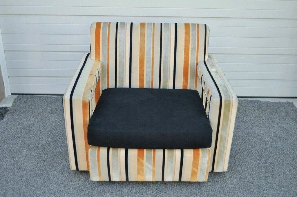 Hollywood Regency Modern Striped Upholstered Wide Lounge Club Movie Arm Chair