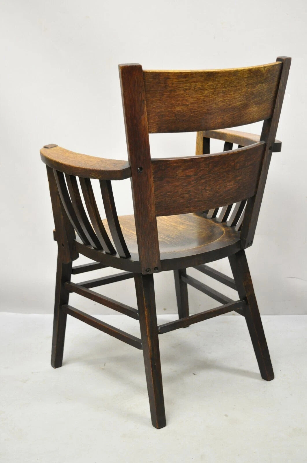 Antique Arts & Crafts Mission Oak Bowed Spindle Plank Seat School Arm Chair