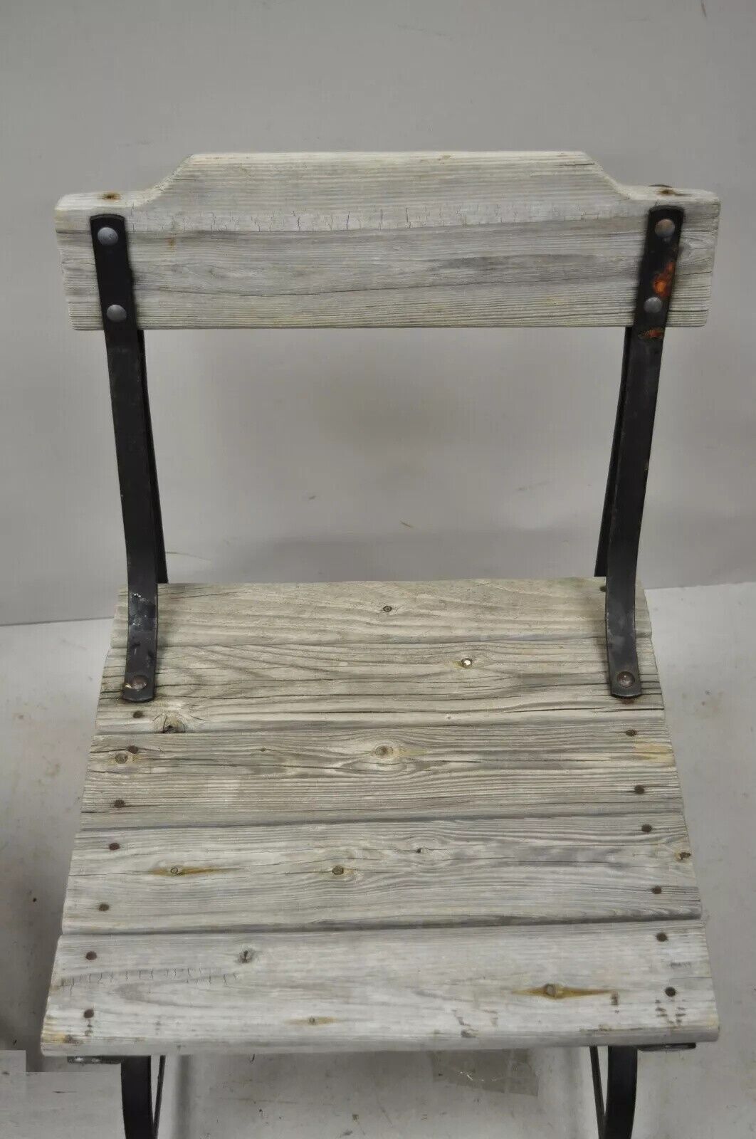Antique French Industrial Wrought Iron Wooden Slat Seat Side Chairs - a Pair