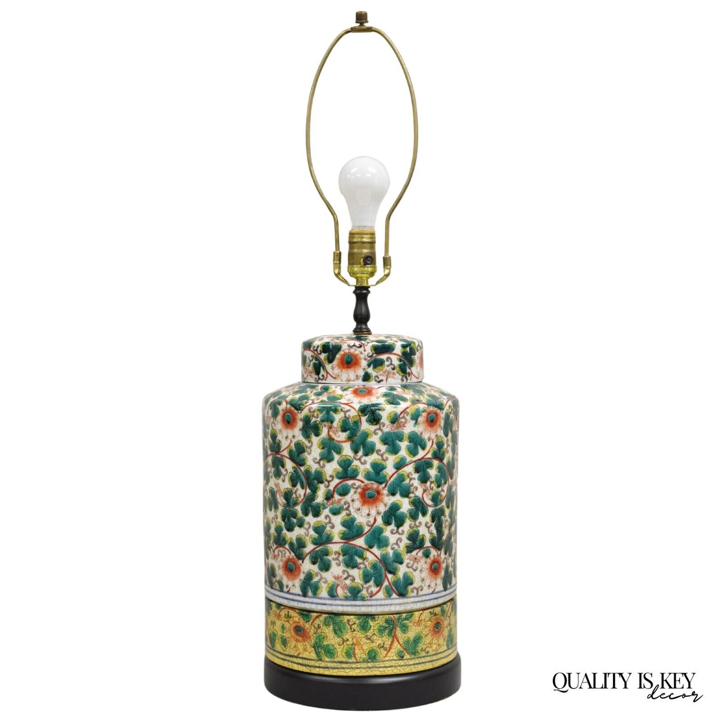 Vintage Chinoiserie Chinese Ginger Jar Green Flower Painted Oriental Table Lamp