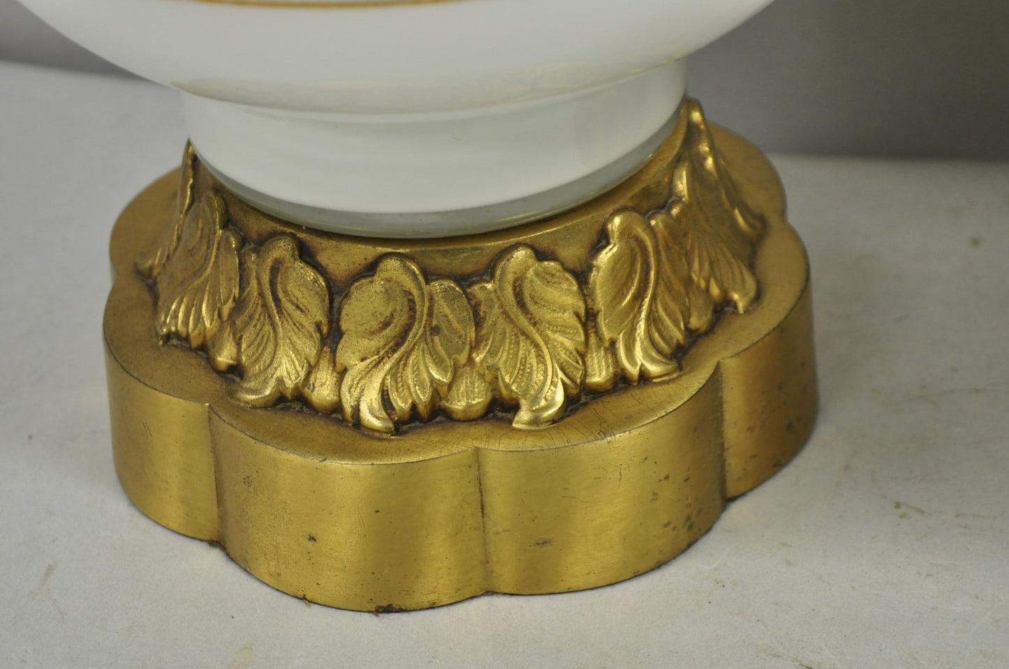 Vintage Hollywood Regency White Glass Gold Gilt Jardiniere Table Lamps - a Pair