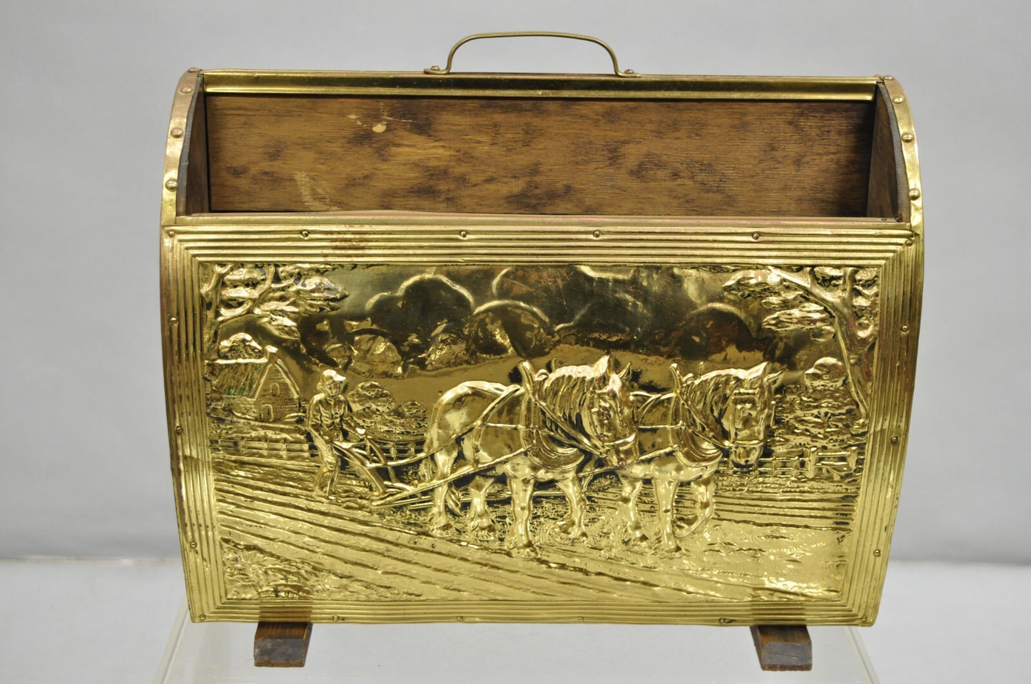 English Colonial Embossed Brass Farmer Horse-Drawn Plow Magazine Rack Holder