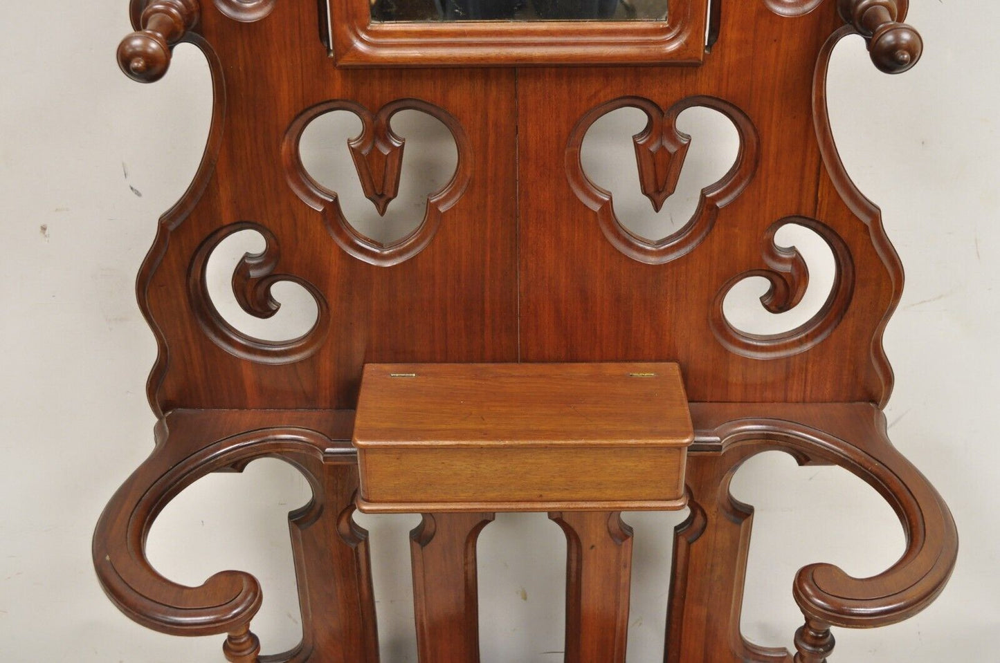 Antique Eastlake Victorian Walnut Coat Hall Tree Umbrella Stand with Mirror