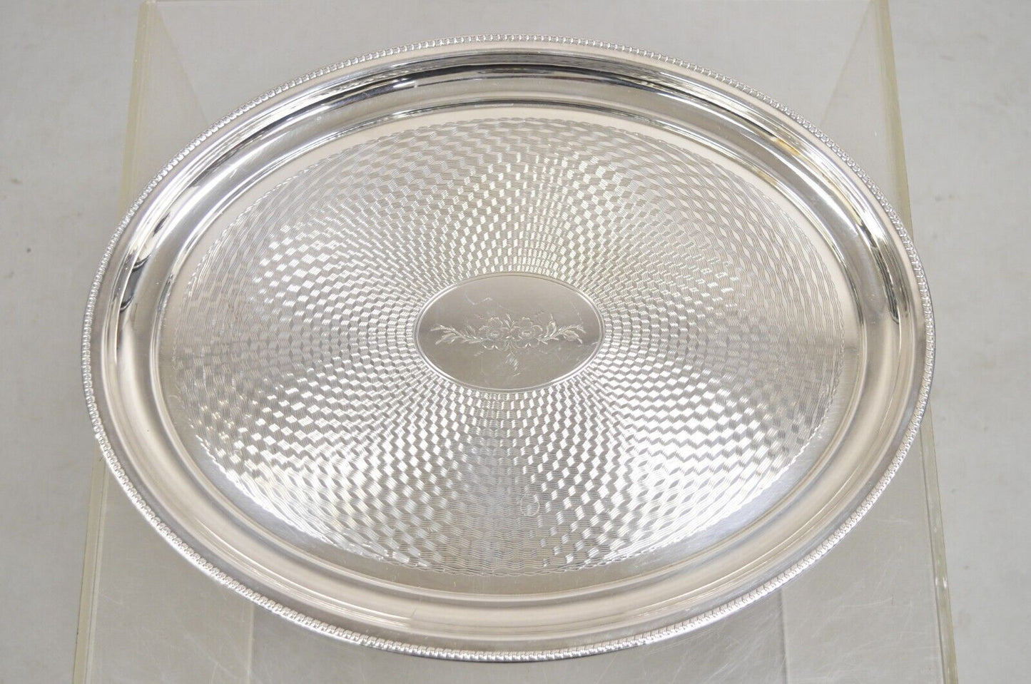 Vintage Victorian Oval Silver Plated Rose Etch Platter Tray by Best Silverplate