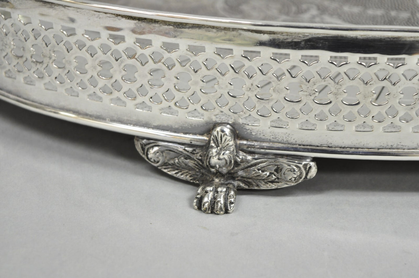 Vintage English Edwardian Style Oval Silver Plated Raised Gallery 21" Bar Tray