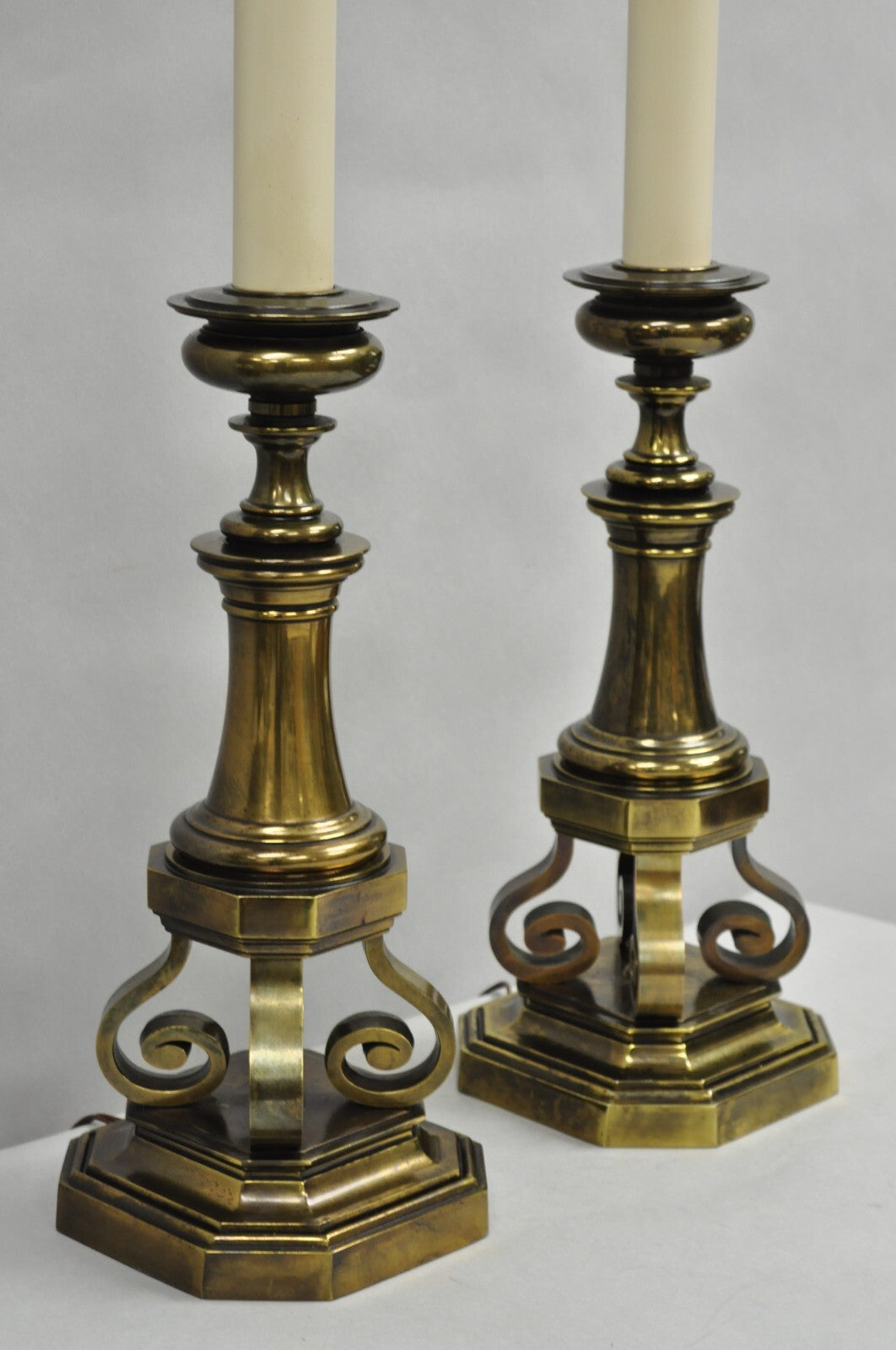 Vintage Hollywood Regency Burnished Brass Tall Candlestick Table Lamps - a Pair