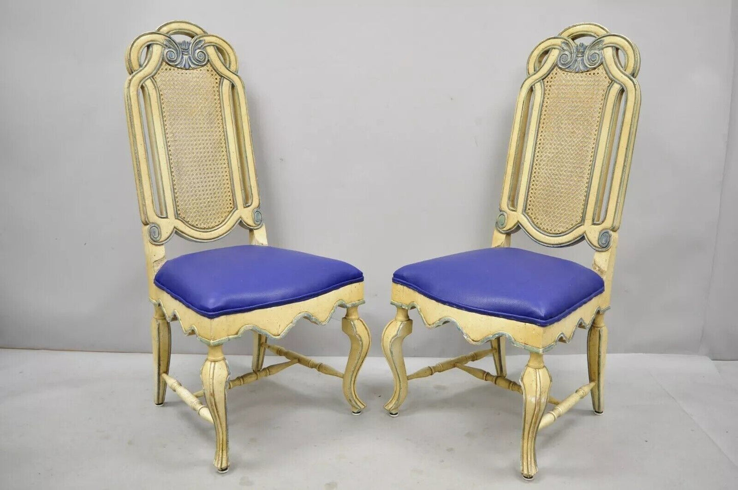 Vintage French Hollywood Regency Cane Pretzel Back Cream Dining Chair - Set of 6