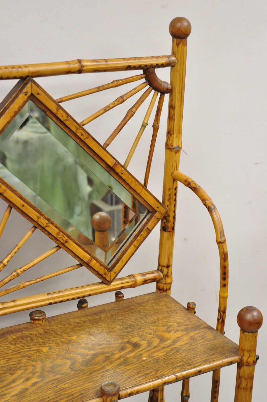 19th C English Victorian Bamboo Stick and Ball Curio Shelf Etagere w/ Mirror