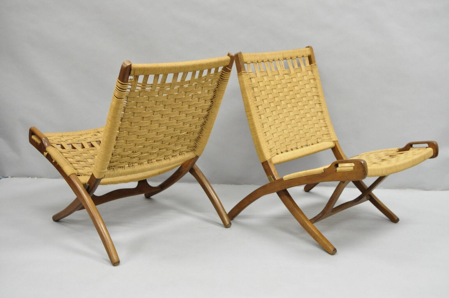 Vintage Mid Century Modern Woven Rope Wooden Folding Lounge Chair - a Pair