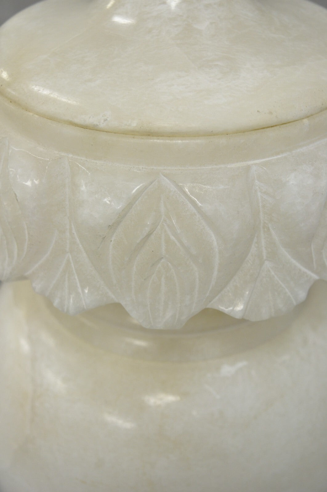 Antique Neoclassical Large Carved Solid Alabaster Marble Leaf Bulbous Table Lamp