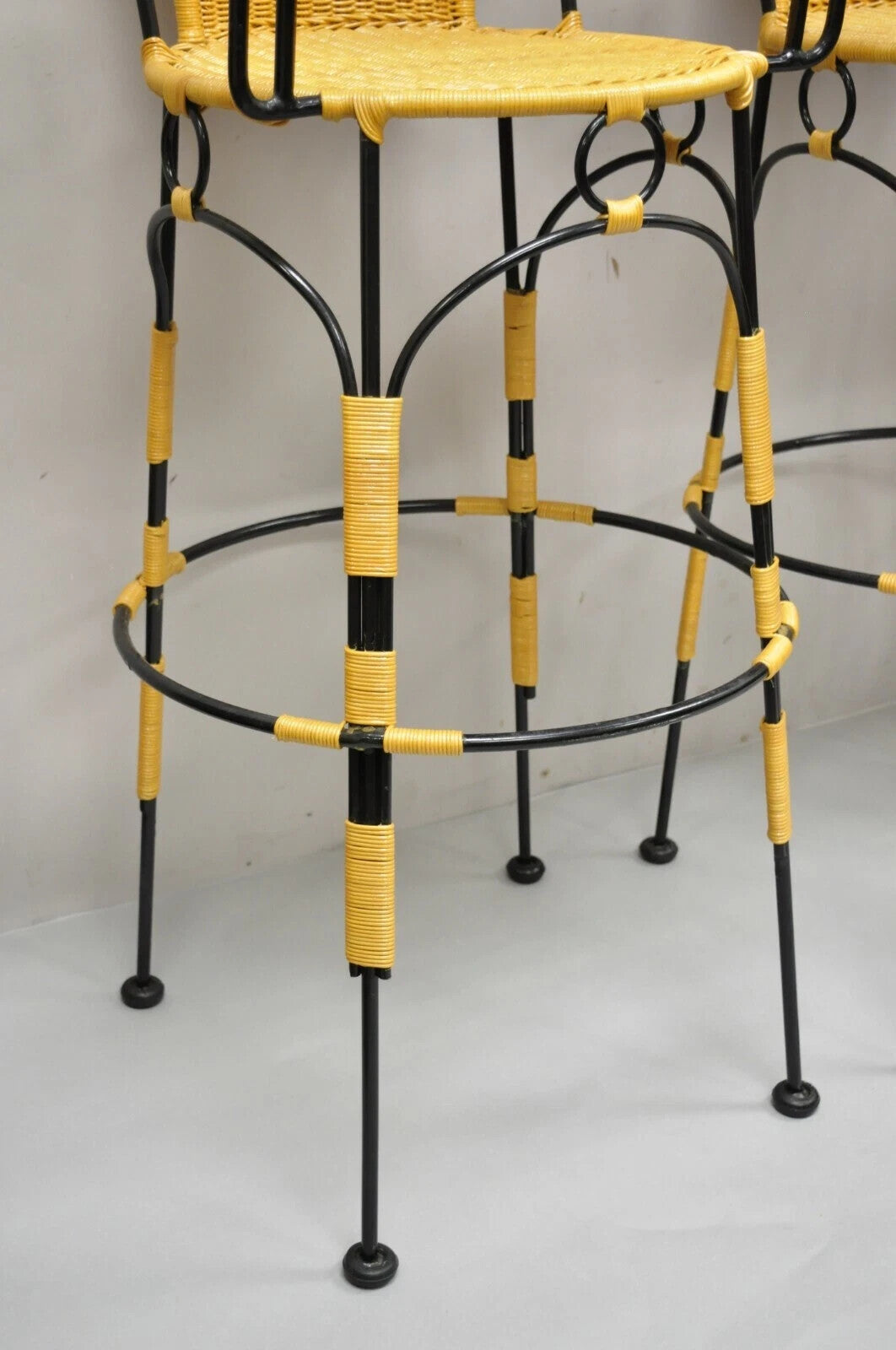 French Country Wrought Iron Woven Vinyl Rattan Bar Stools With Arms - Set of 4