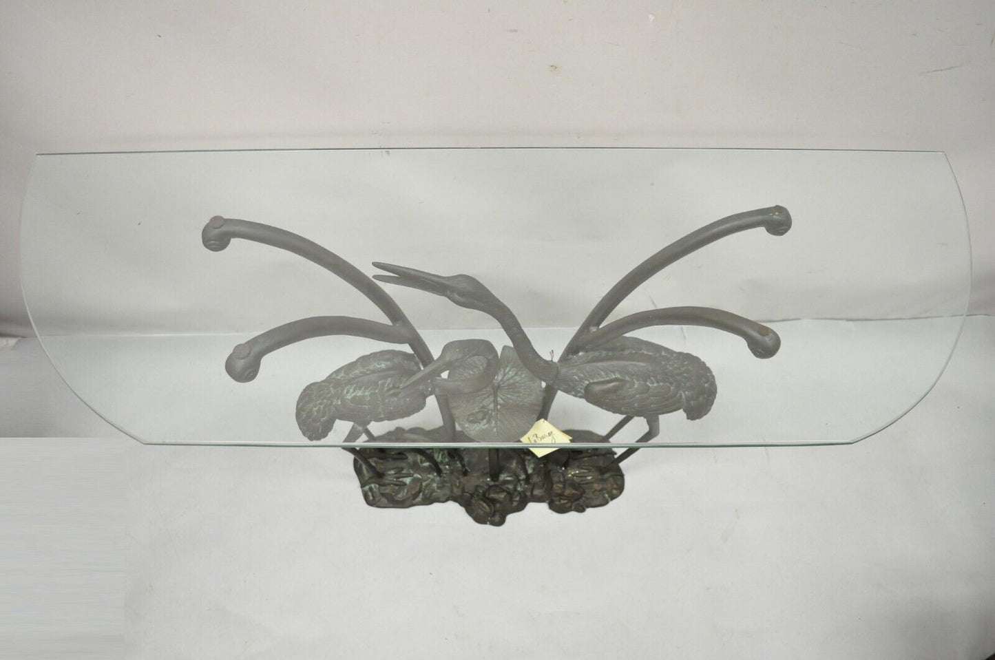Labarge Bronze Crane Bird Lily Pad Glass Top Console Sofa Hall Table