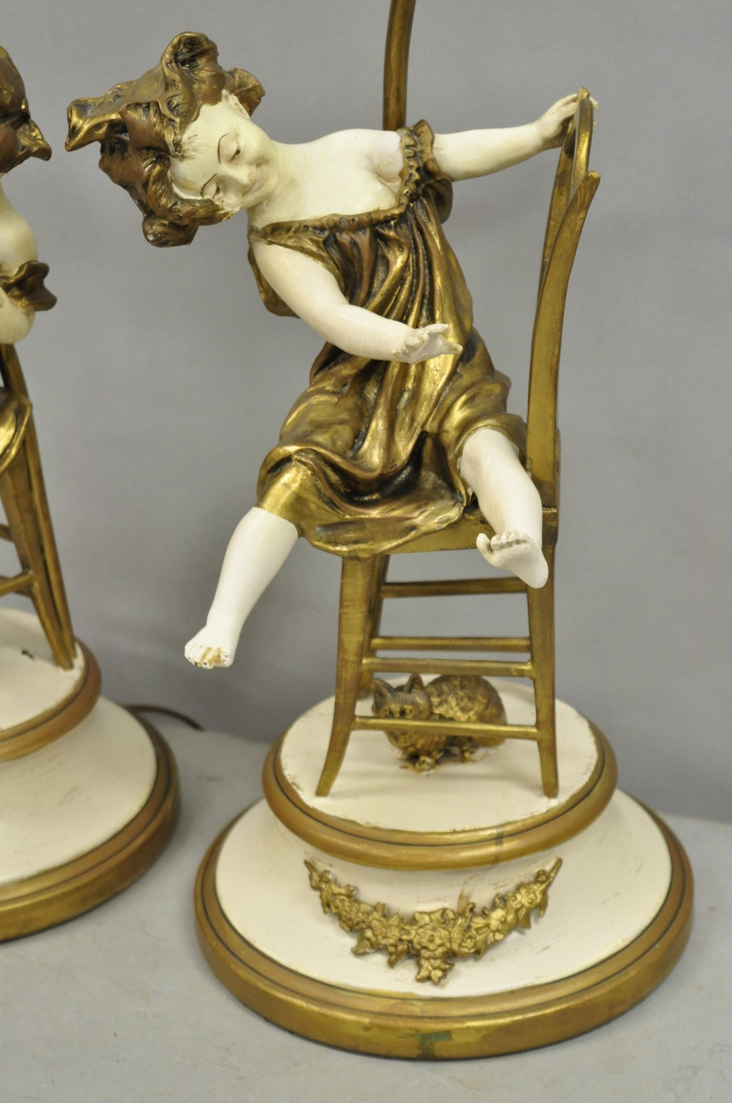 Juan Clara "Girl on Chair Playing with Kittens" Metal Figural Table Lamps - Pair