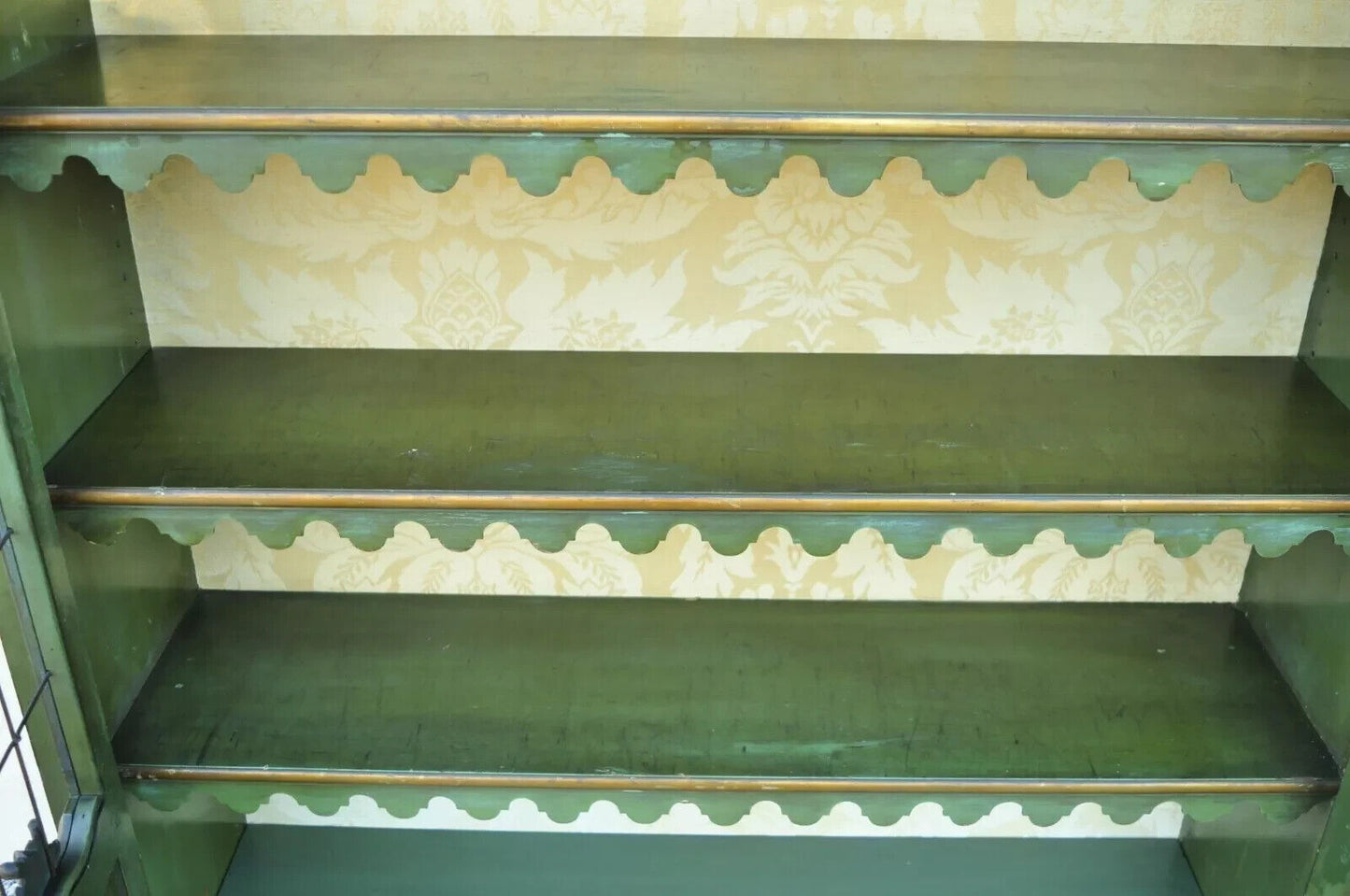 English Chinoiserie Green Distress Painted Tall George III Curio Display Cabinet
