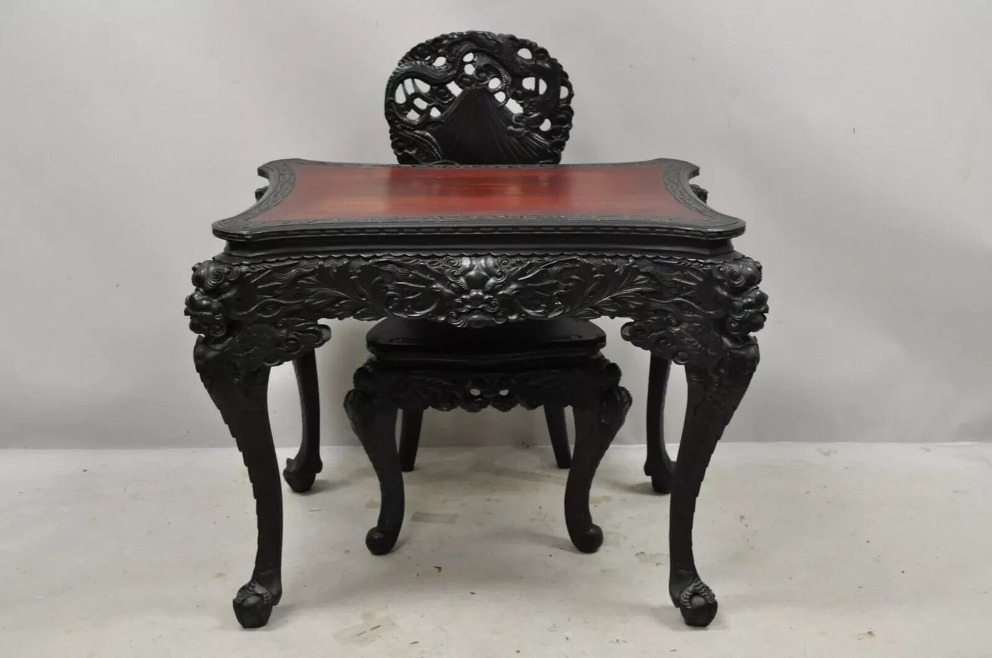 Antique Japanese Meiji Export Hardwood Mt. Fuji Dragon Carved Desk and Chair Set