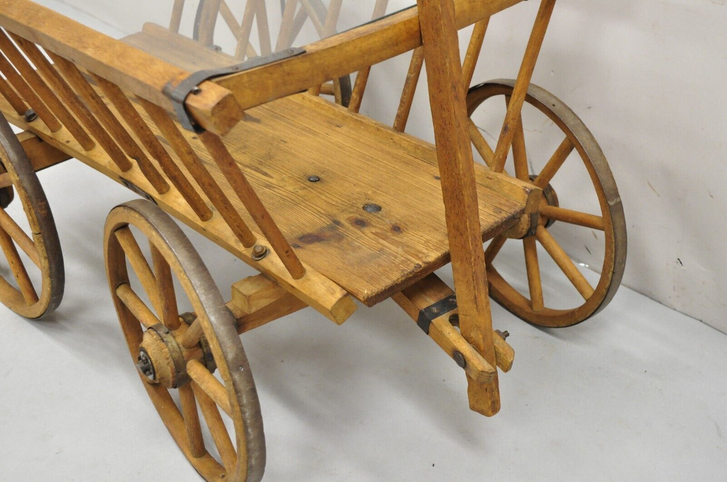 Antique French Primitive Wooden Goat Cart Wagon Farmhouse Glass Top Coffee Table